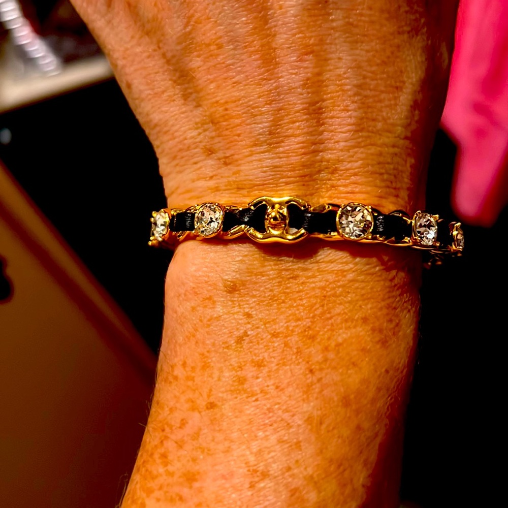 Chanel Black leather crystal and gold bracelet
